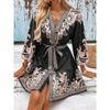 New Women's Printed V-Neck Dress, Three-Quarter Elbow Sleeve Tie Waist A-Line Midi Dress for Summer Casual Party Daily Wear