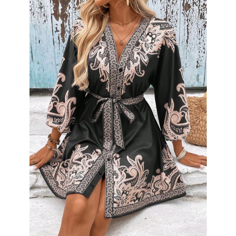 New Women's Printed V-Neck Dress, Three-Quarter Elbow Sleeve Tie Waist A-Line Midi Dress for Summer Casual Party Daily Wear