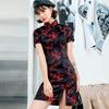 Mandarin Collar Short Sleeve Disc Buckles Side Split Hip Wrap Lady Cheongsam Elegant Flower Print Chinese Style Qipao Mini Dress New Year Clothing