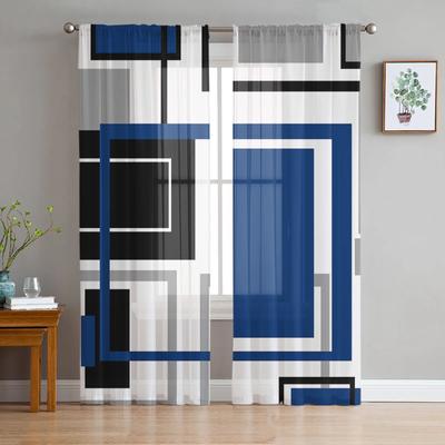 Abstrakte Geometrie Quadrate Moderne Kunst Blau Tüll Vorhänge Wohnzimmer Küche Fenster Dekoration Chiffon Voile Sheer Vorhang