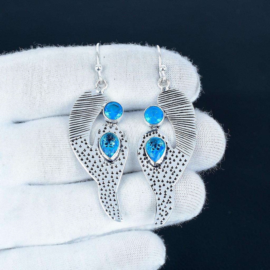 Beutiful Blue Topaz Gemstone Earrings, 925 Sterling Silver Earring, Handmade Boho Silver Jewelry Dangle Earrings, Valentine's Day Gift