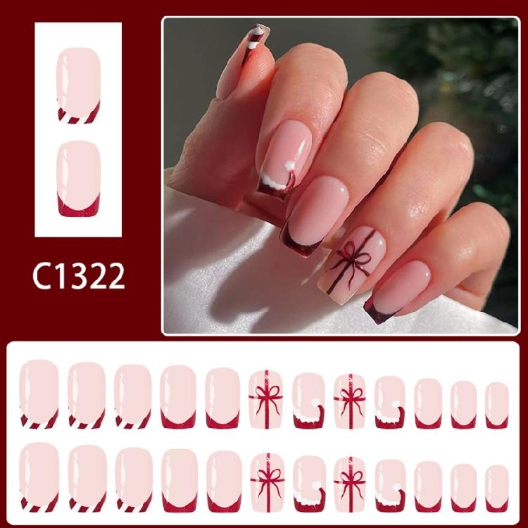 Christmas Glitters Press On Nail 24pcs Red French Manicure Short Square Fake Nail Shine Surfaces For Gift Giving Season
