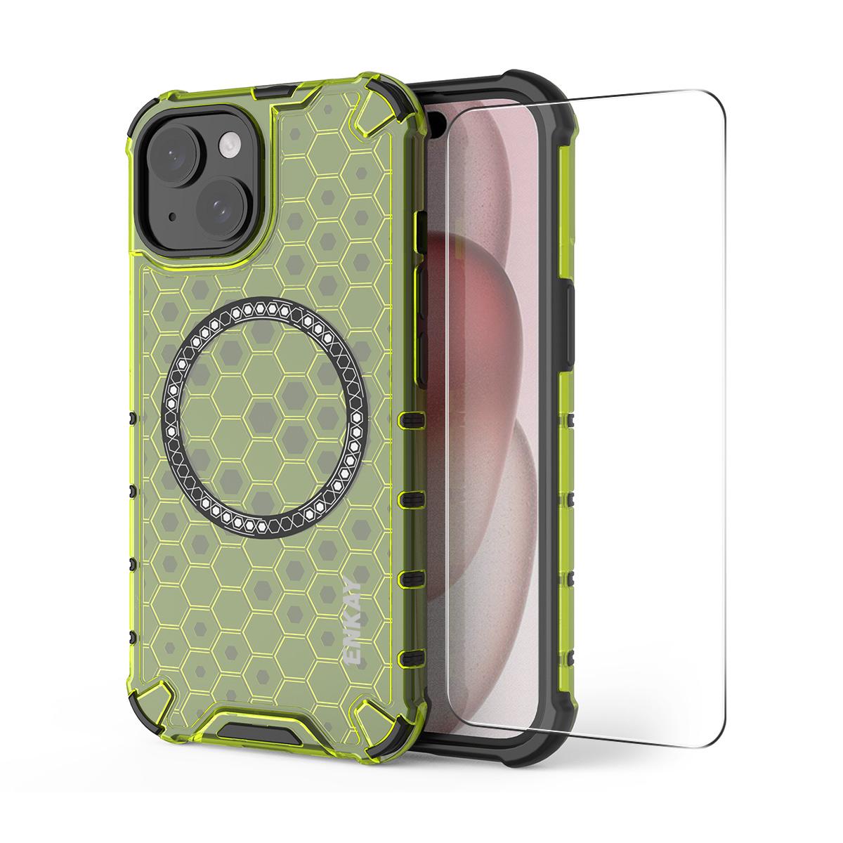 

For iPhone 14 ENKAY Hat-Prince Magnetic Case Honeycomb Design TPU+PC Phone Cover + Large Arc Edge Screen Protector E