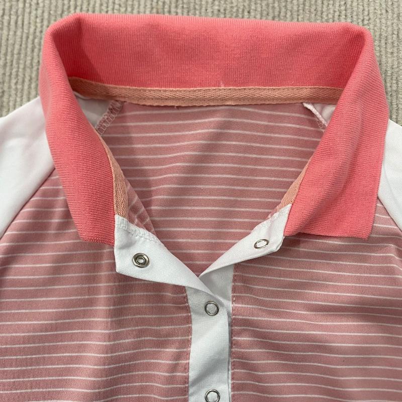 Summer Pink and White Contrast Striped Shoulder Flip Collar Slimming Casual Top