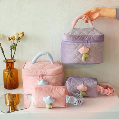 Cream Corduroy Makeup Bag Three-D Tulip Flowers High-end Sense Cosmetic Bag Portable High Capacity Travel Wash Toiletry Handbag