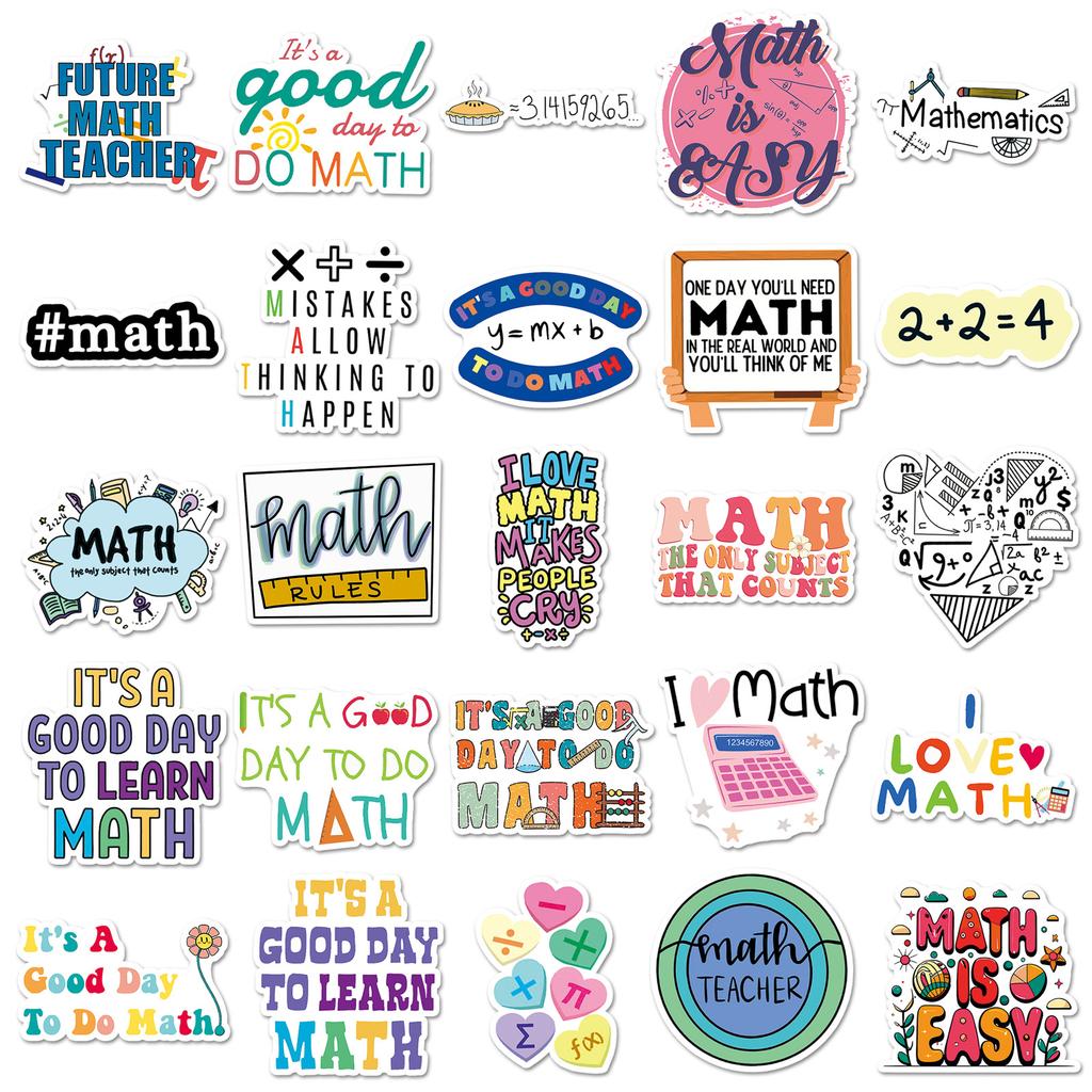 50 Math Doodle Stickers for Water Bottles Laptops Phone Cases Fun Cartoon Decals with English Slogans