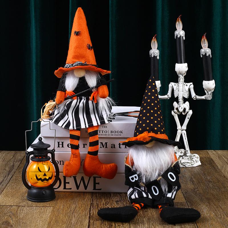 Halloween Witch Gnome Broom Decoration with Black Hat and Long Legs Pumpkin Ornament