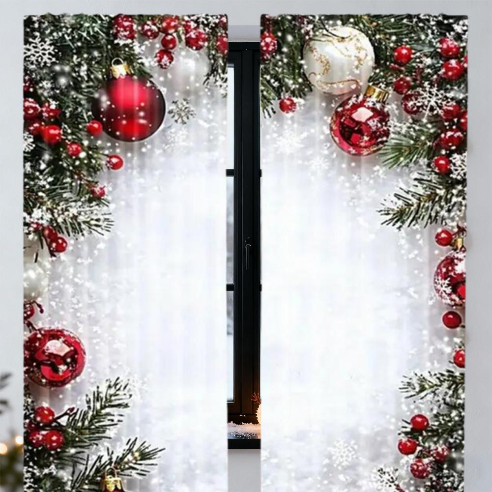 2pcs Xmas Ornament Holly Curtains Light Filtering Decor Polyester Xmas Holiday Window Home Living Bedroom Rod Pocket