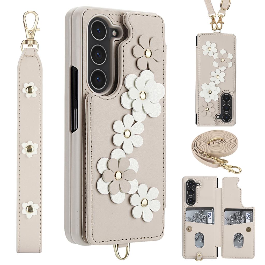 For Samsung Galaxy Z Fold5 5G Case Card Slots Leather Coated TPU Flower Phone Cover with 2 Straps