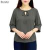ZANZEA Women Casual Round Neck Solid Color Loose 3/4 Sleeve Blouse
