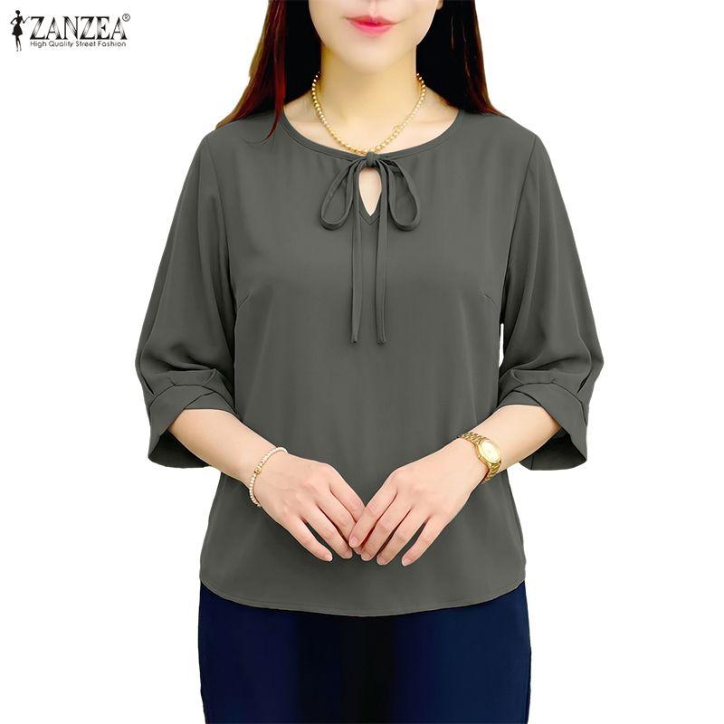 ZANZEA Women Casual Round Neck Solid Color Loose 3/4 Sleeve Blouse