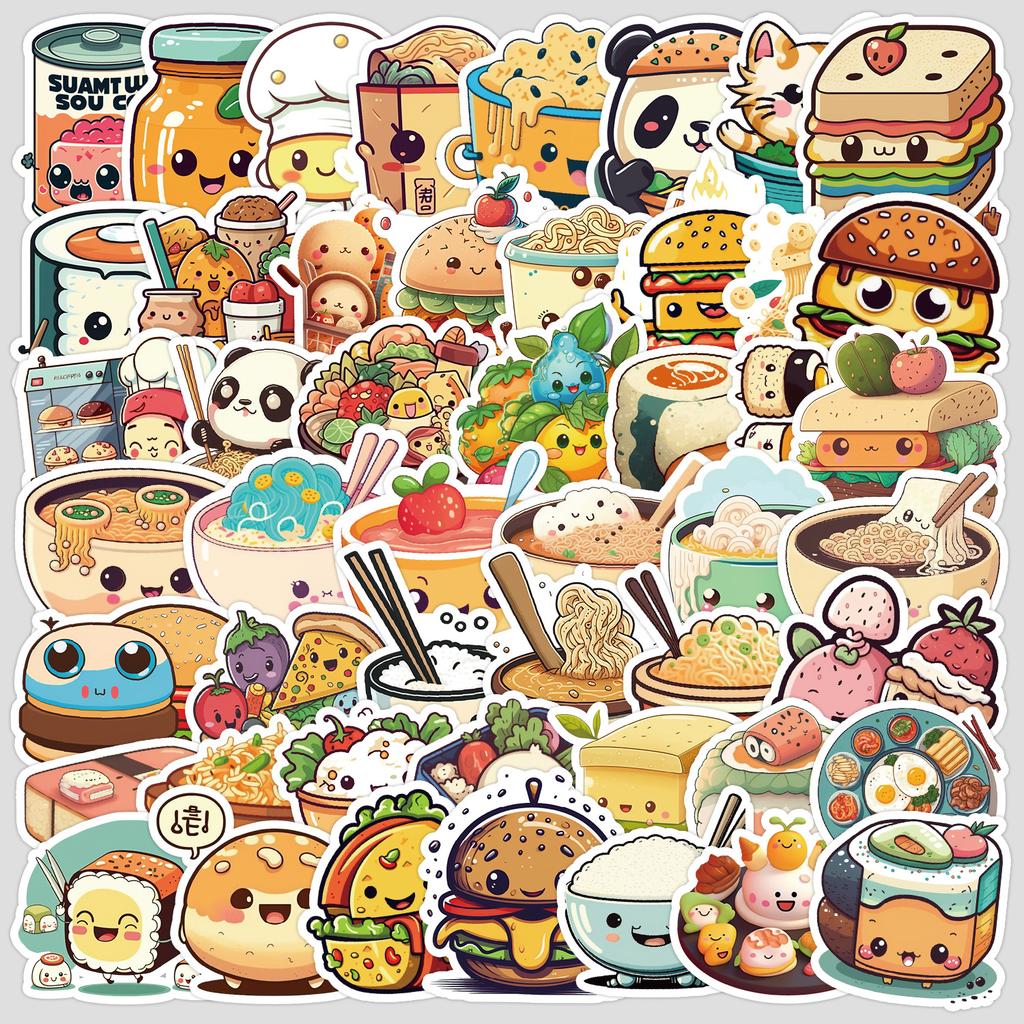 50 Cute Food Doodle Stickers, Stationery Stickers, Water Cup, Laptop, Notebook, Waterproof Decorative Stickers