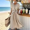Women's Summer Casual Twist Waist Long Dress Cotton Linen Short Sleeve V Neck Boho Swing Dress Beach Vacation Flowy A-line Sundress