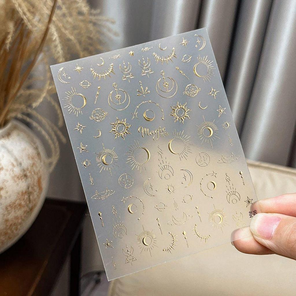 Zlaté a stříbrné hvězdicové měsíční a sluneční samolepky na nehty - Lepicí, Duté, Horký lis pro DIY nehty