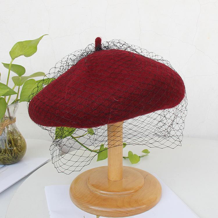 Autumn And Winter Woolen Painter Hat British Retro Lace Mesh Beret Women'S Elegant Fashion Hat