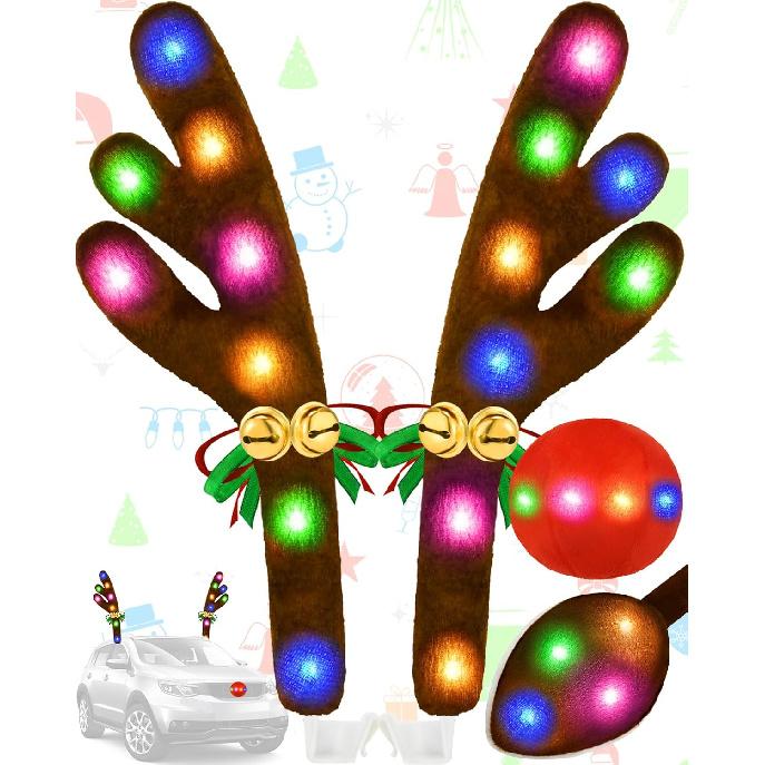

Christmas Reindeer Antlers Car Decoration Kit, LED Multicolor Lights Nose Vehicle with Jingle Bells Rudolph, Auto Holiday Accessories for SUV Van разноцветный
