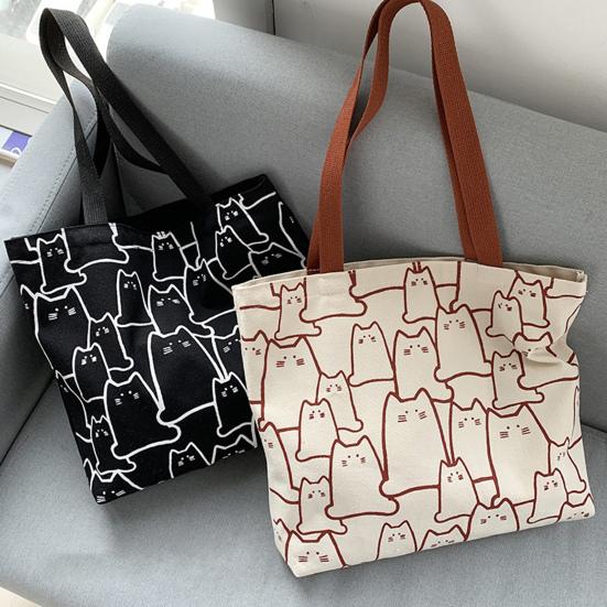 Women Canvas Bag Cat Pattern Zipper Design Tote Bag Large Capacity Japanese Style Lightweight Shoulder Bag