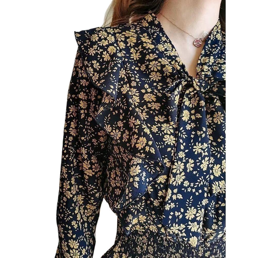 Women's French Ruffled Floral Midi Dress for Spring/Autumn with Cinched Waist and Bow Tie Details