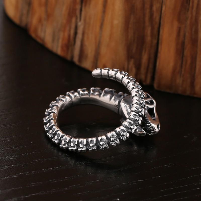 Adjustable Open Ring Men Women Vintage Punk Dinosaur Fossil Skull Design Sterling Geometric Statement