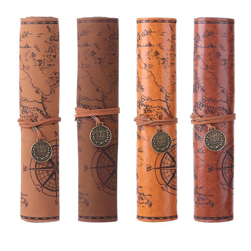 1 Pc Creative Treasure Map Retro PU Leather Large Capacity Pencil Bag Cute and Simple Stationery Box Pencil Bag