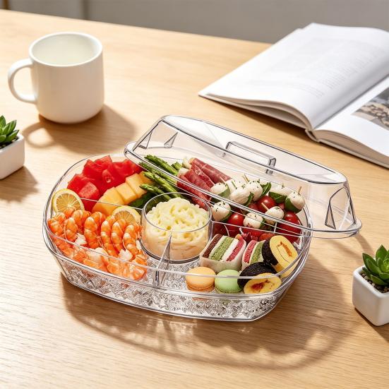 Salad Tray, with Transparent Dust Cover And Ice Trough, Detachable Serveware for Cooling Fruits Seafood Snacks Party