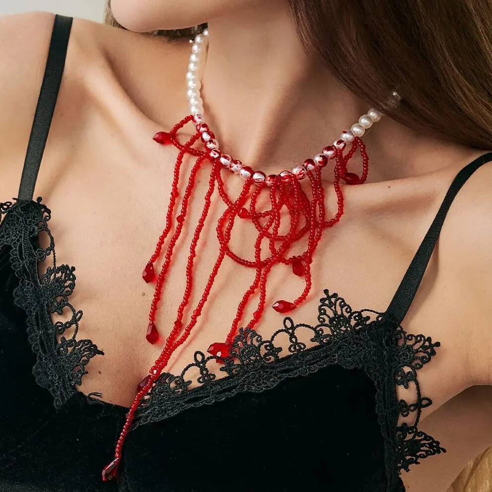 Salircon Gothic Red Blood Pattern Imitation Pearl Necklace Women Vintage Exquisite Multilayer Crystal Tassel Choker Jewelry Gift