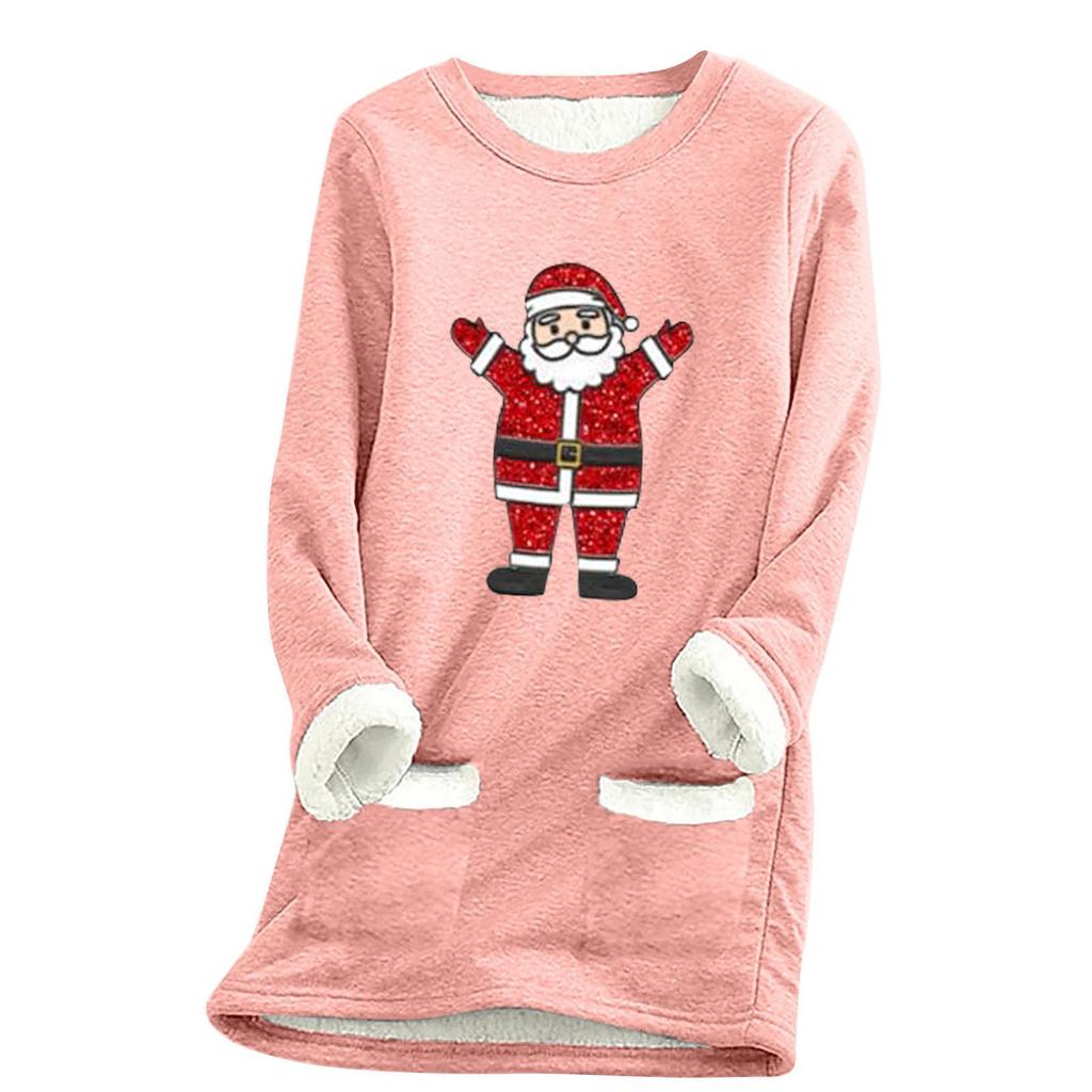 Ladies' Loose And Comfortable Round Neck Christmas Print Thick With Pockets Long Sleeved Top