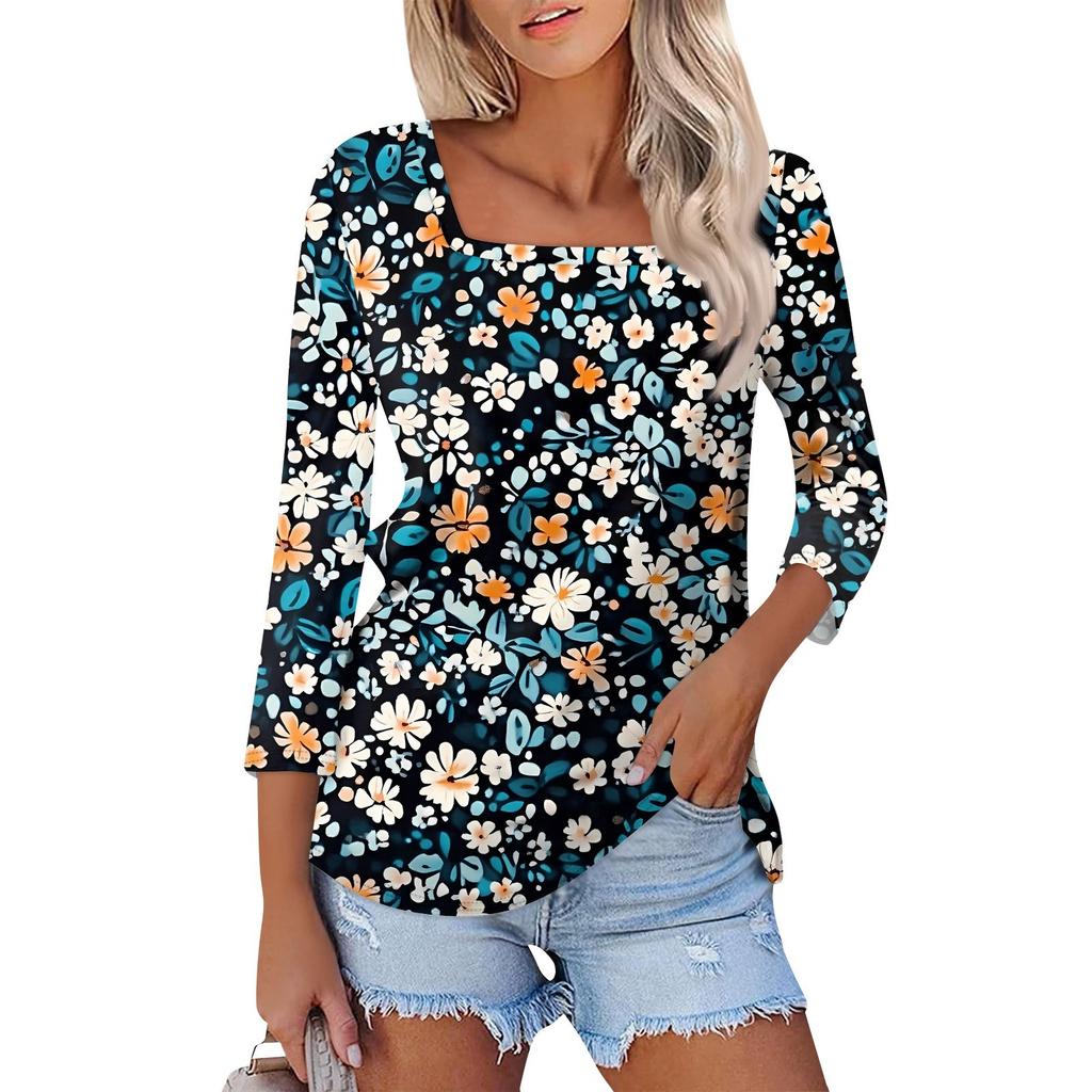 Košile pro dámskou módu Neformální dámské tričko s čtvercovým výstřihem, 3/4 rukávem, volným potištěným tričkem