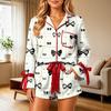 Women's Long Sleeve Print Pajama Set with Shorts and Chest Pocket