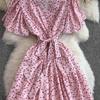 French Sexy Floral V-Neck Short Sleeve Lace-Up Waist Slim Pleated Long Dress