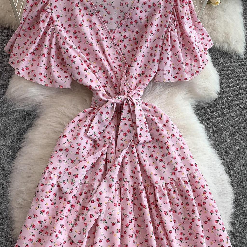 French Sexy Floral V-Neck Short Sleeve Lace-Up Waist Slim Pleated Long Dress