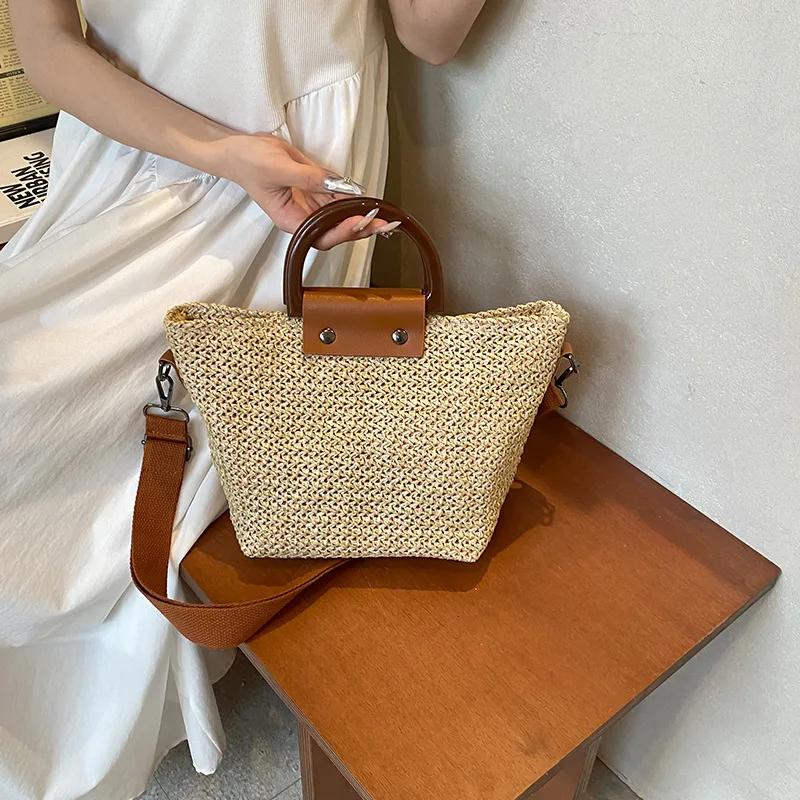 2025 Summer Weaving Straw Bags Casual Travel Beach Crossbody Bags Patchwork Top Handle Bags Beach Vacation Handbag