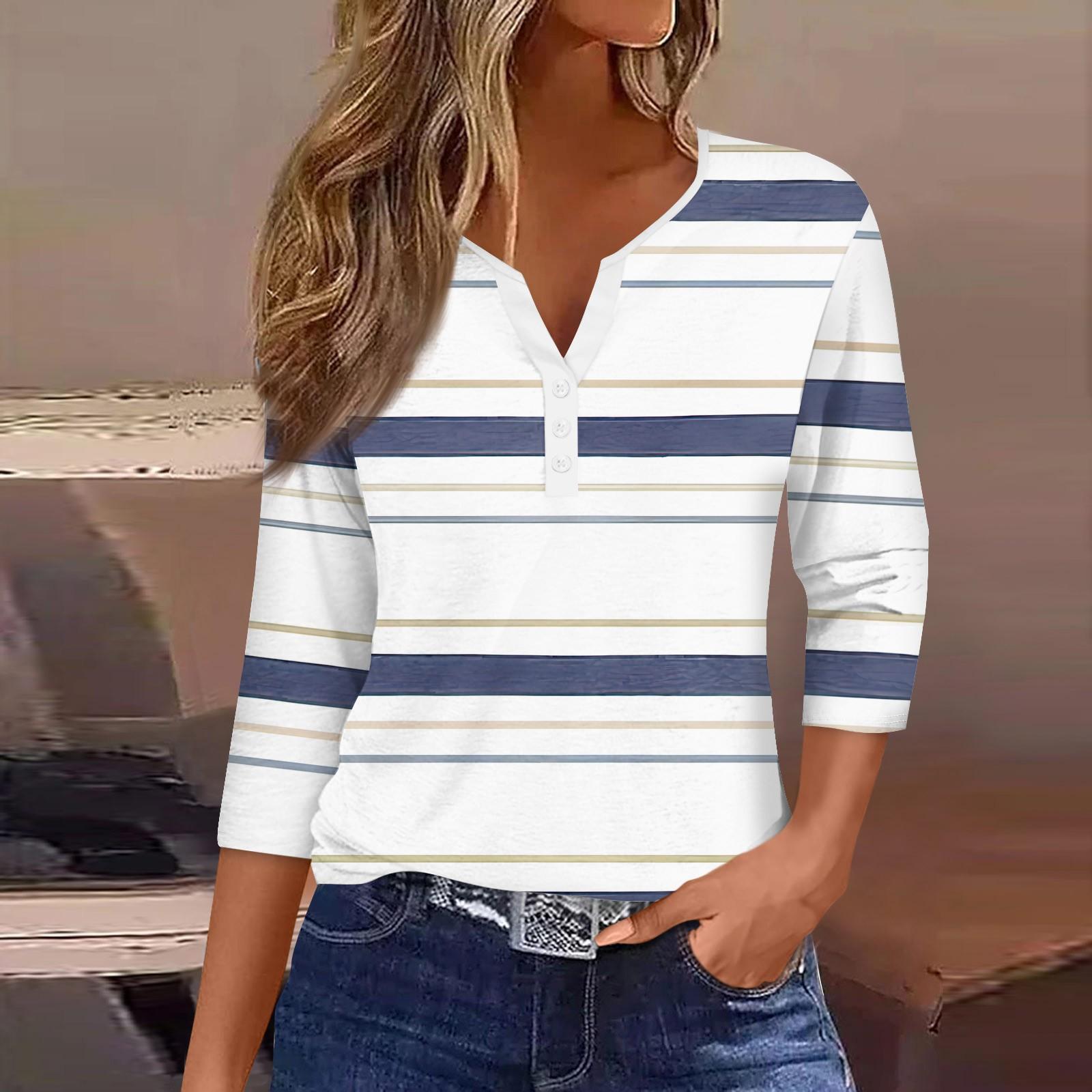 

Женская мода Повседневная полосатая футболка с v-образным вырезом и декоративными пуговицами с рукавом три четверти Топ M циан