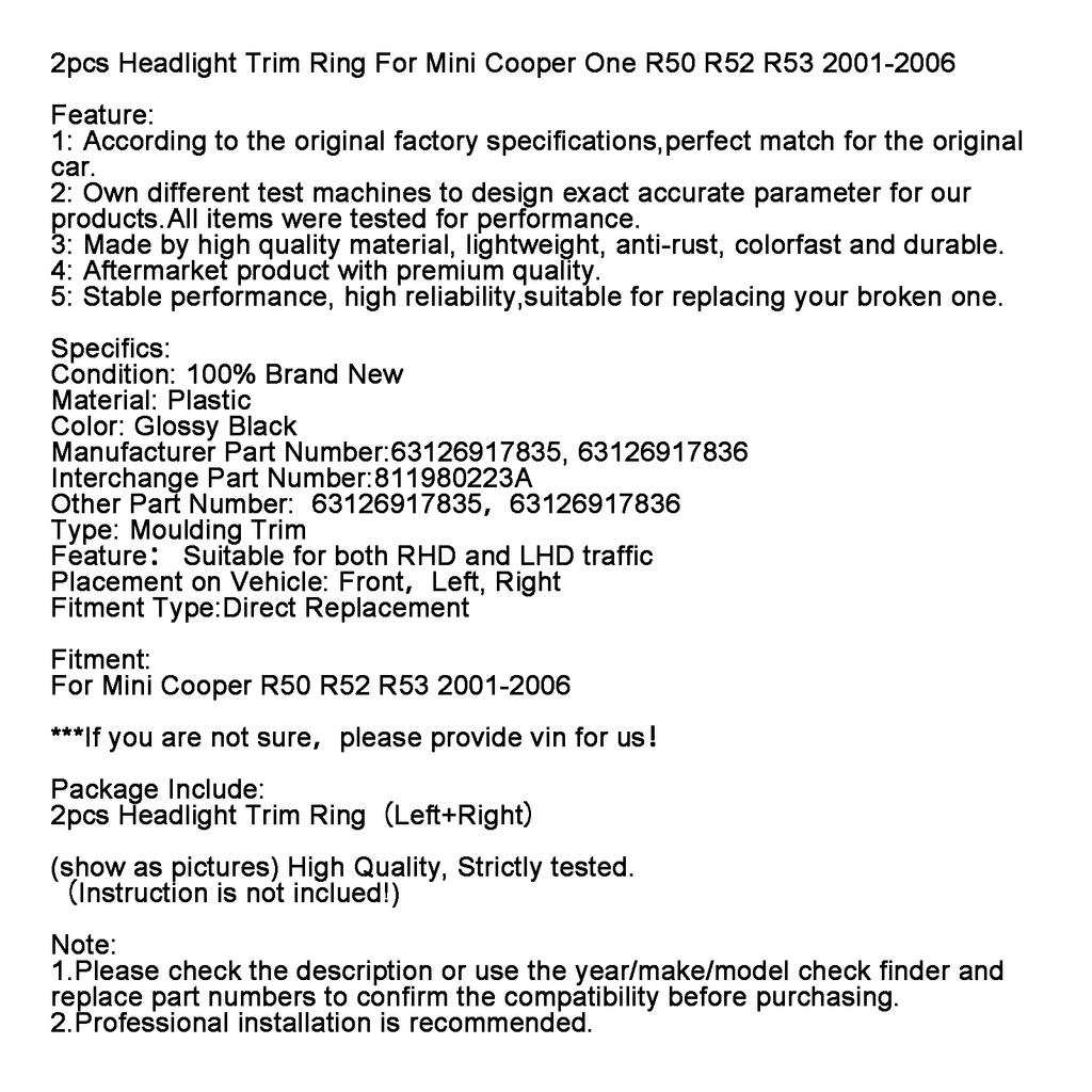 2 Stück Scheinwerfer Zierring Für Mini Cooper One R50 R52 R53 2001-2006