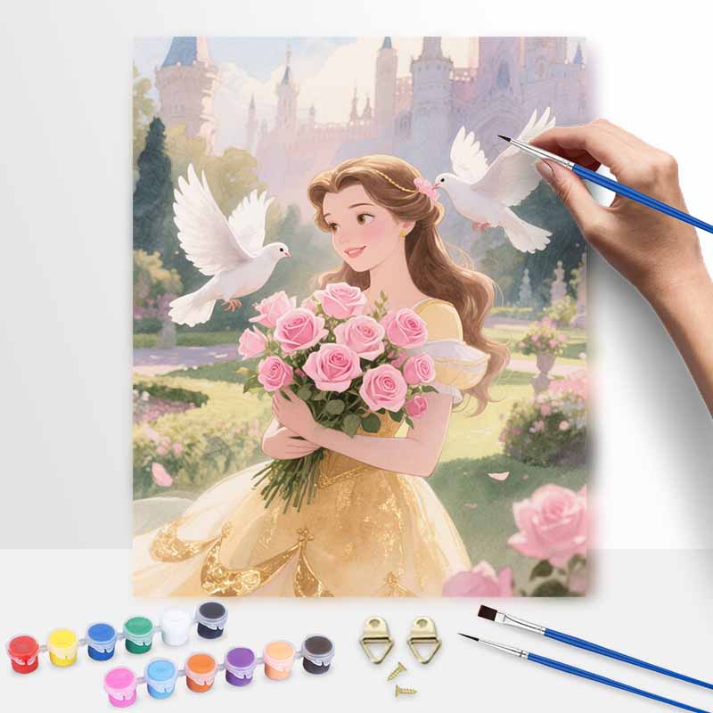 Disney digital oil painting hand painting kit Belle pink roses white doves DIY home decoration 20x30cm