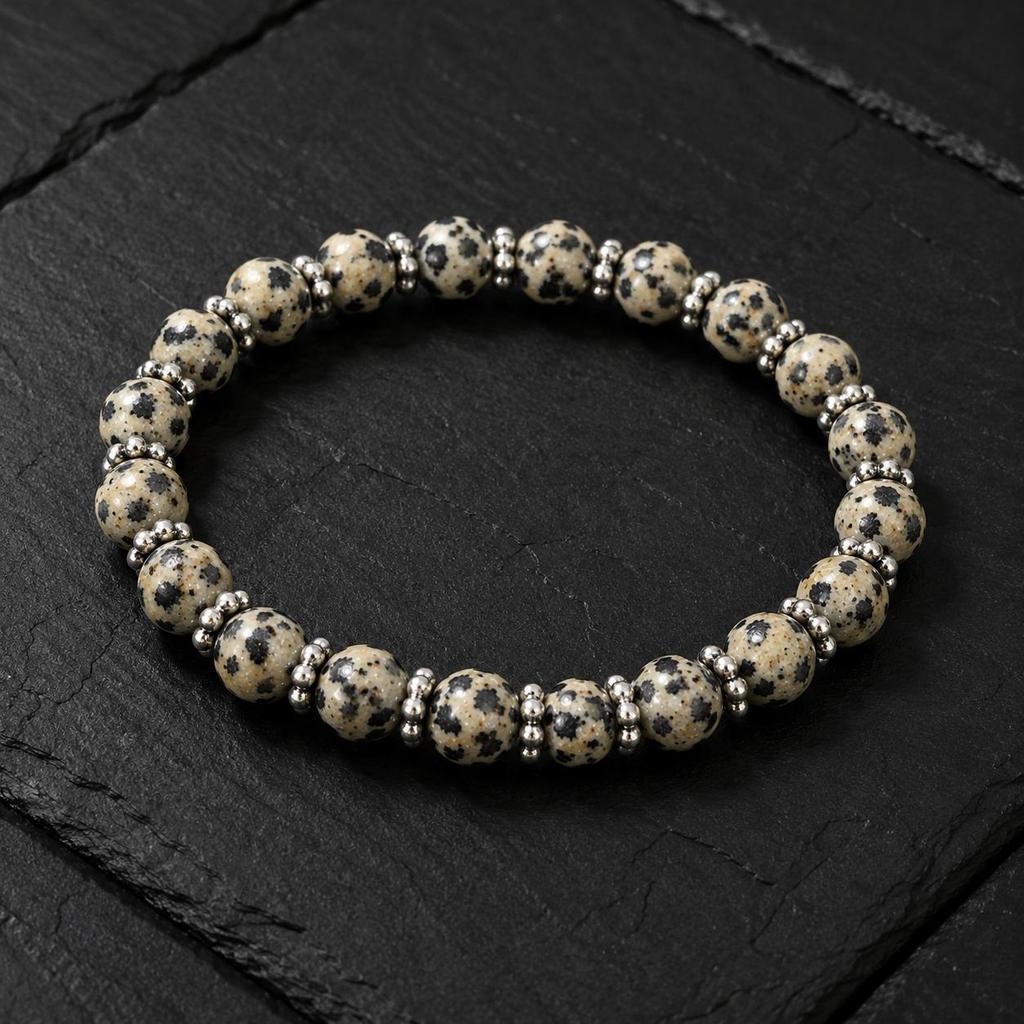 8mm Naturalne Koraliki z Kamienia Gemstone'owego Jaspisu Dalmacja Bransoletka 7.5" , Ręcznie robiona Bransoletka Unisex, Rozciągliwa Bransoletka Chakra z Jaspisu Dalmacja CSB-3