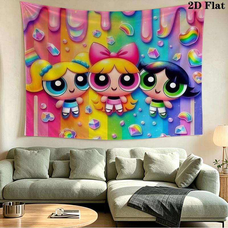 Powerpuff Girls Wall Tapestry Aesthetic Wall Hanging Printed Fabric Blanket Decorative Tapestries for Bedroom Living Room Home Decor
