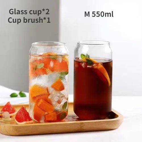 Drinking Cup Glasses with Bamboo Lid Juice Glass Straws Beer MugIce Coffee Mugs Cute Glasses Beer Jars Glasses Brush Drinkware