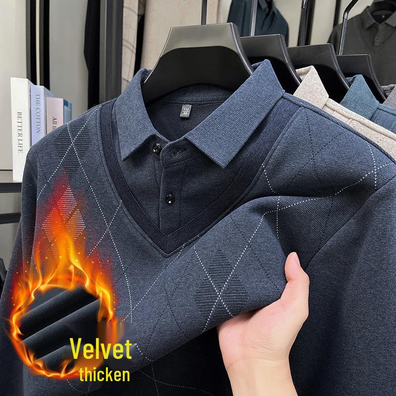 2025 Winter Men's Faux Two-Piece Sweater: New Thick Knit with Shirt Collar and Warm Velvet Layer