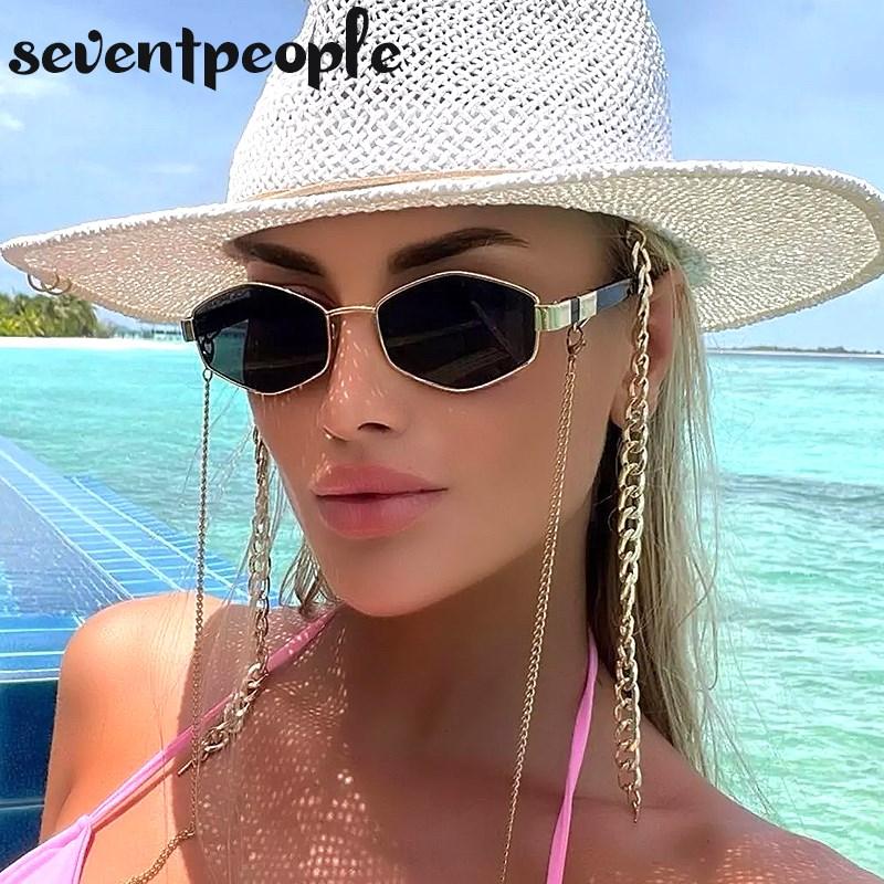 Fashion Small Irregular Sunglasses Women  Luxury Brand Designer Trendy Polygonal Sun Glasses Ladies with Metal Eyewear Chain