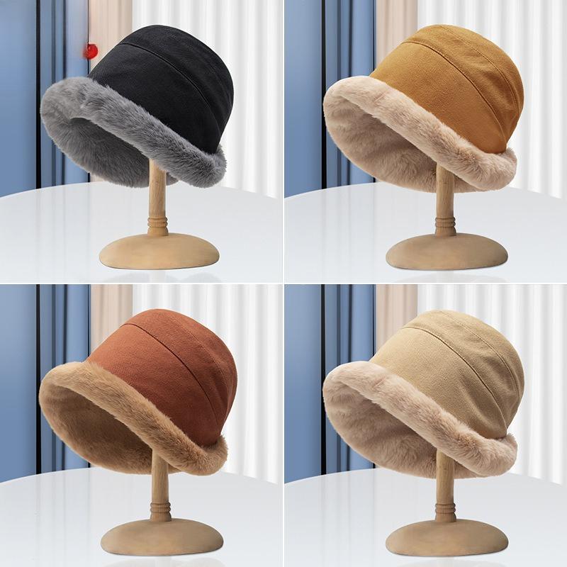 Autumn and Winter Lamb Wool Fisherman Hat for Women Casual and Fashionable Thickened Plush Curling Hat Large Brim Warm Ear Basin Hat for Men