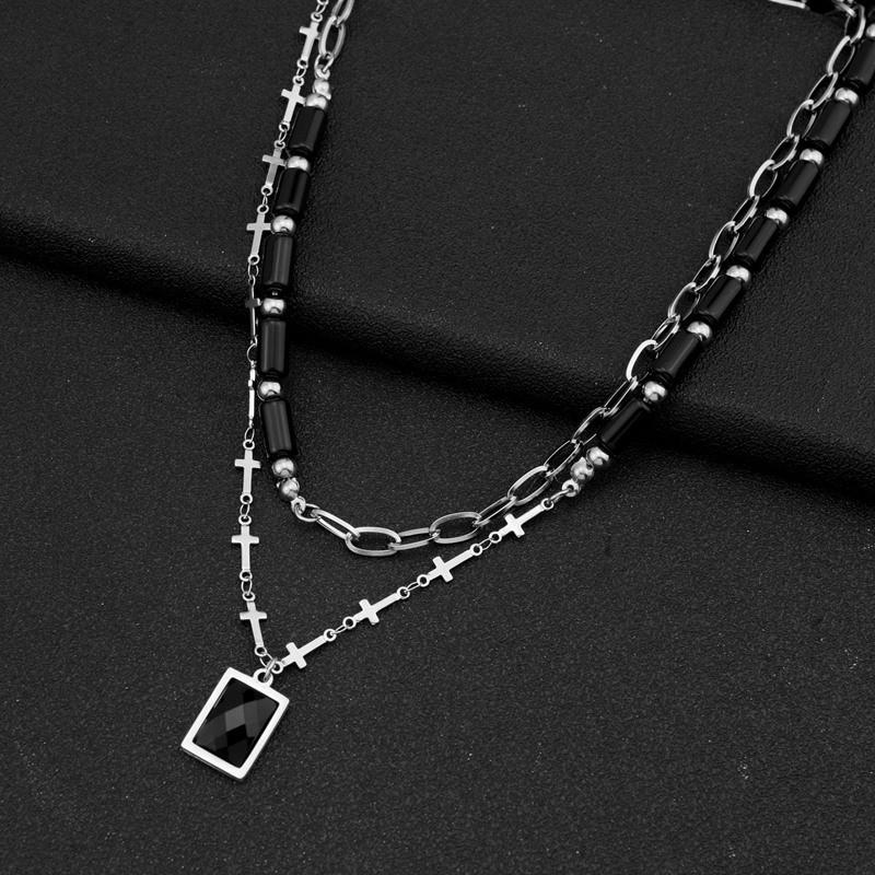 Double Layer Cross Pendant Necklace Women Titanium Steel O-Chain Geometric Minimalist Choker Statement Jewelry