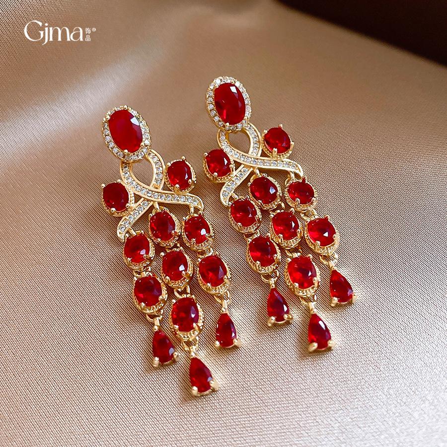 Court style red oval zircon fringed earrings light luxury stud earrings personalized earrings women