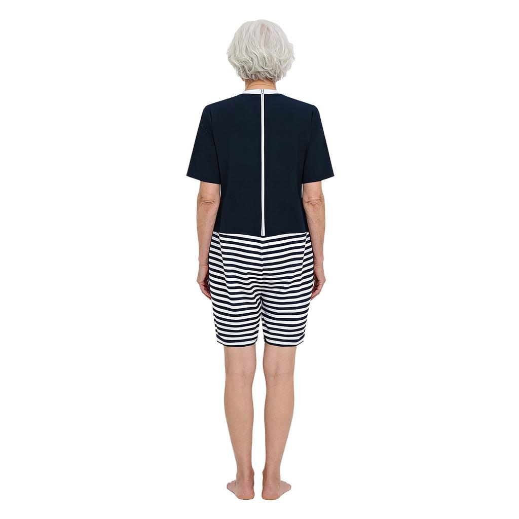 Tuta adattiva da donna per anziani con cerniera posteriore cerniera all'inguine Color Blocking Anti-strappo Tuta intera Bodysuit Alzheimer