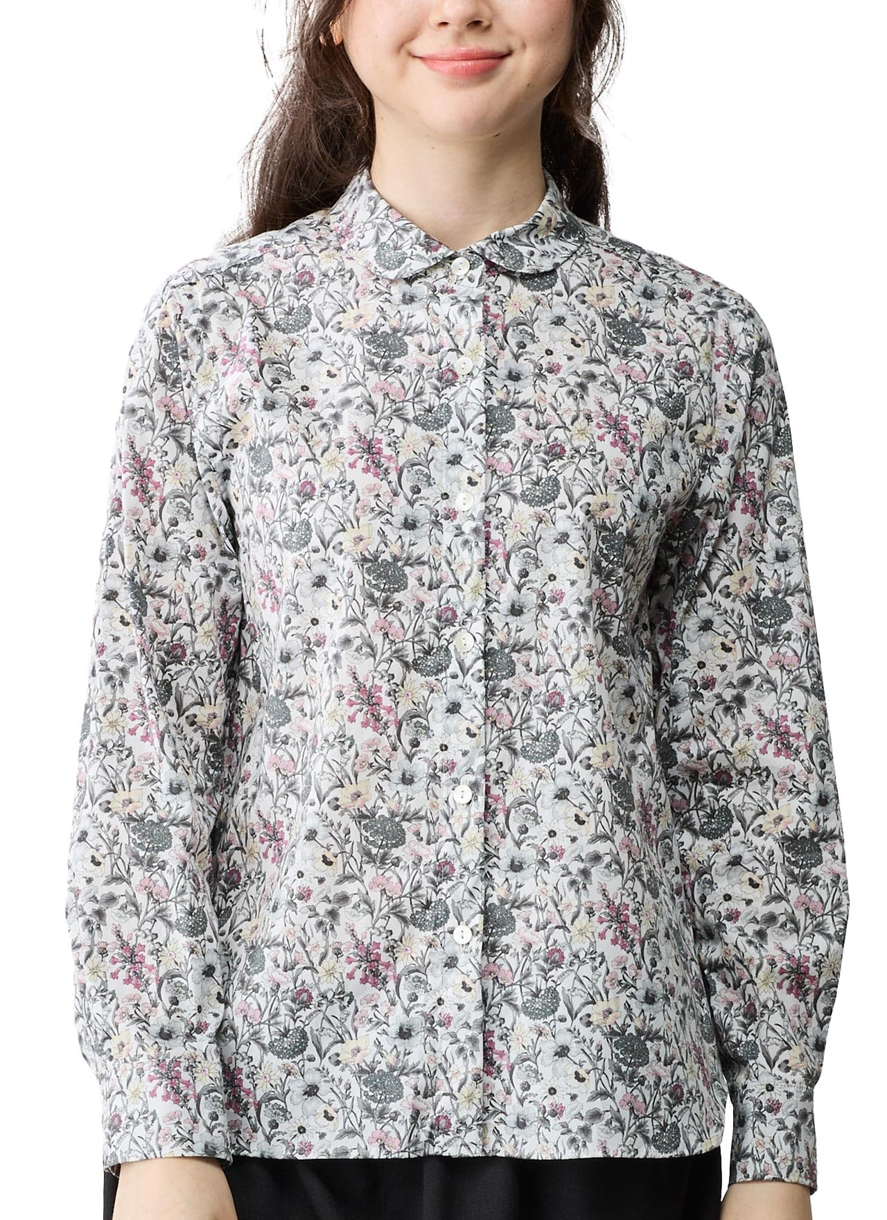 

920 Сделано в Японии Блузка-топ с круглым воротником Liberty с длинным рукавом Tana Lawn G Off x Серый [SPAN] Женская (JP, Алфавит, L, Цветочный)