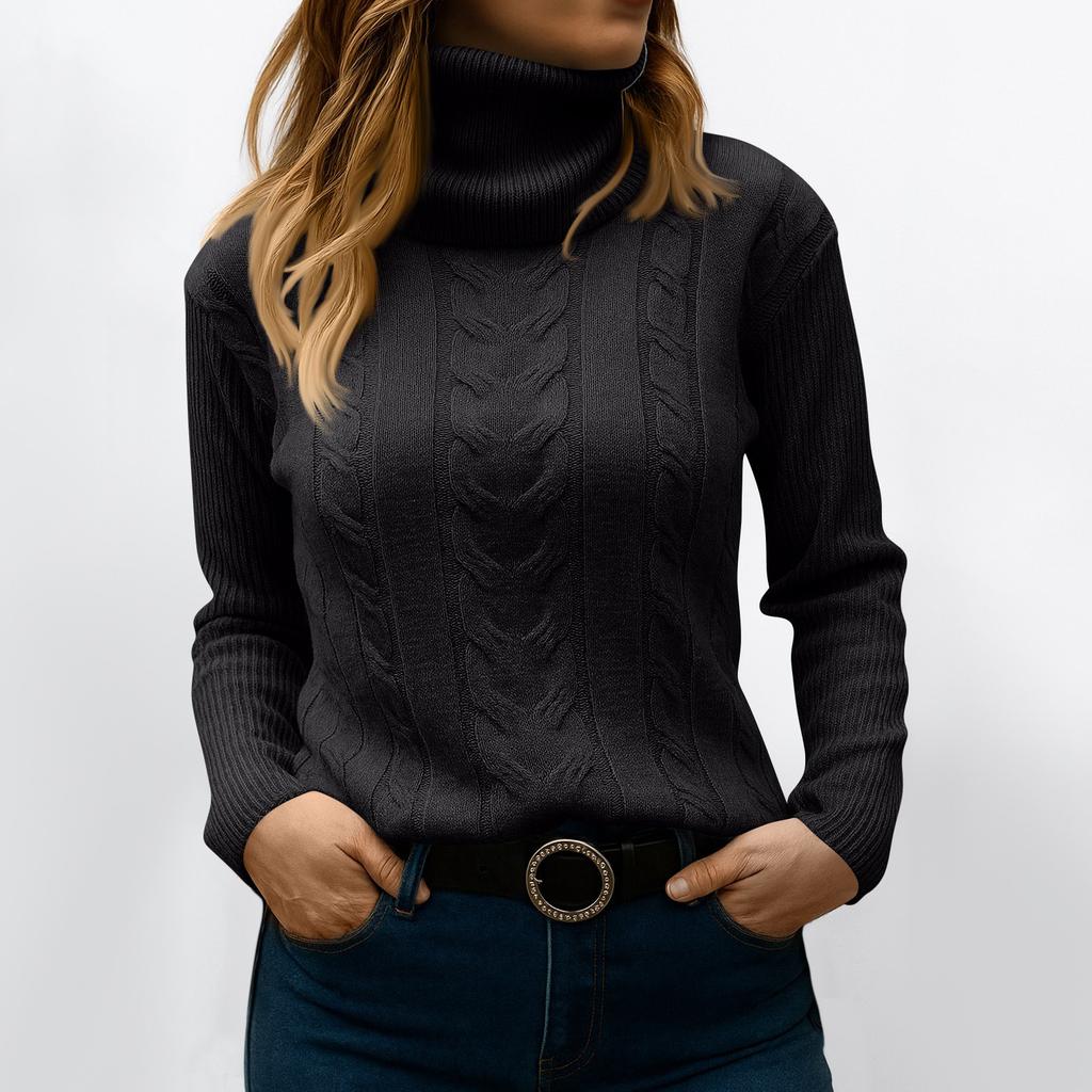Women's Fashionable Solid Color High Neck Long Sleeved Sweater Pullover Sweater Top