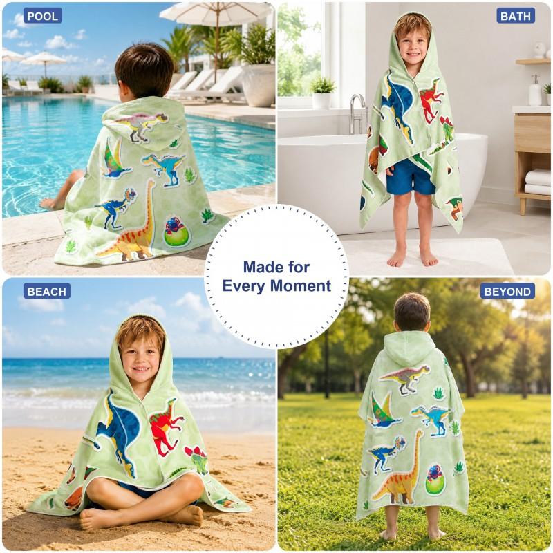 Kids Dinosaur Print Hooded Beach Towel Quick Dry Microfiber Bath Cape Pool Shower Sandproof