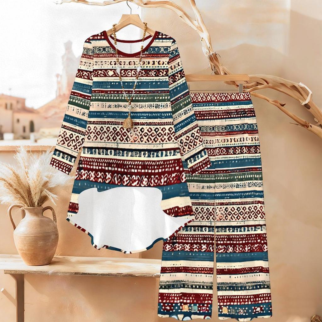 Distressed Floral Print Two Piece Outfit Women Long Sleeve Irregular Hem Tunic Top Wide Leg Pants Casual Matching Set