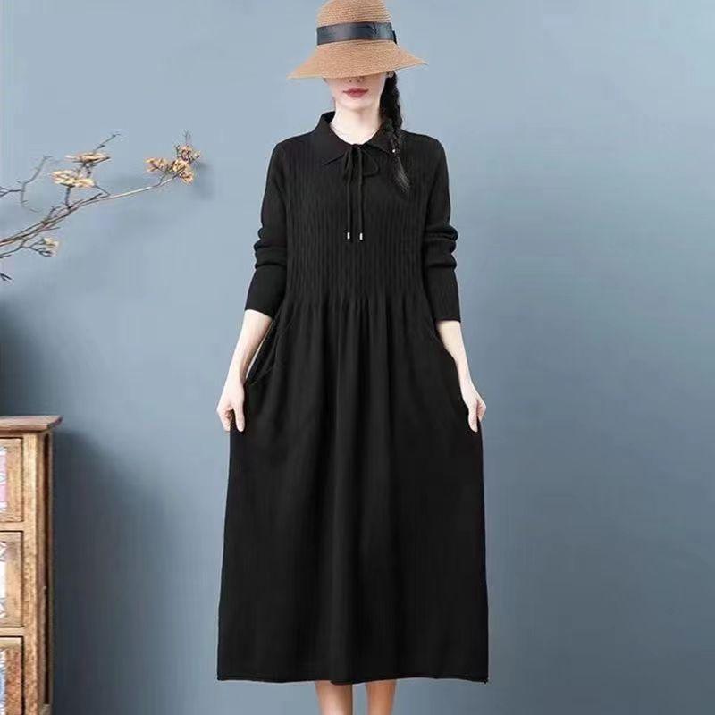 

Mom s medium and long over-the-knee women s sweater Doll collar with coat Autumn and winter loose bottoming dress Knitted sweater one size fits all