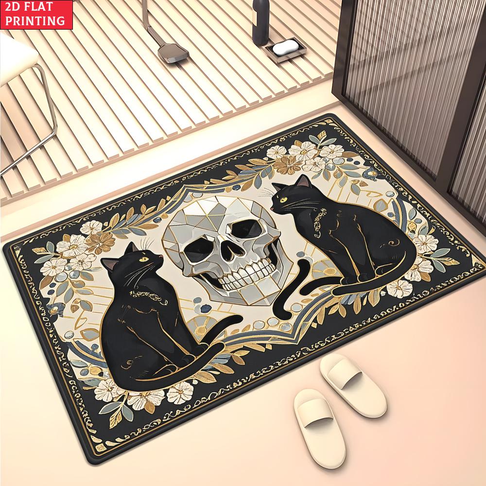

Vintage Black Cat Skull Area Rug, Floral Gothic Print Carpet for Living Room Bedroom,Aesthetic Witchy Floor Mat Home Decor 40x60cm(15x23 in)